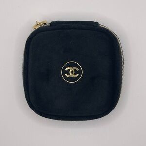 CHANEL - Black Velvet Compact Zip Case with Gold Logo
